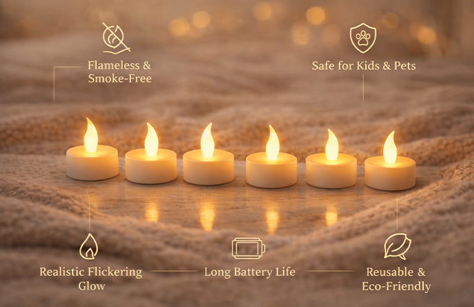 Pack of 06 LED Tealight Candles – Battery Operated Flameless & Smokeless Decorative Diyas for Diwali, Pooja & Home Decoration, Warm Yellow Tea Lights for Festival & Party Décor