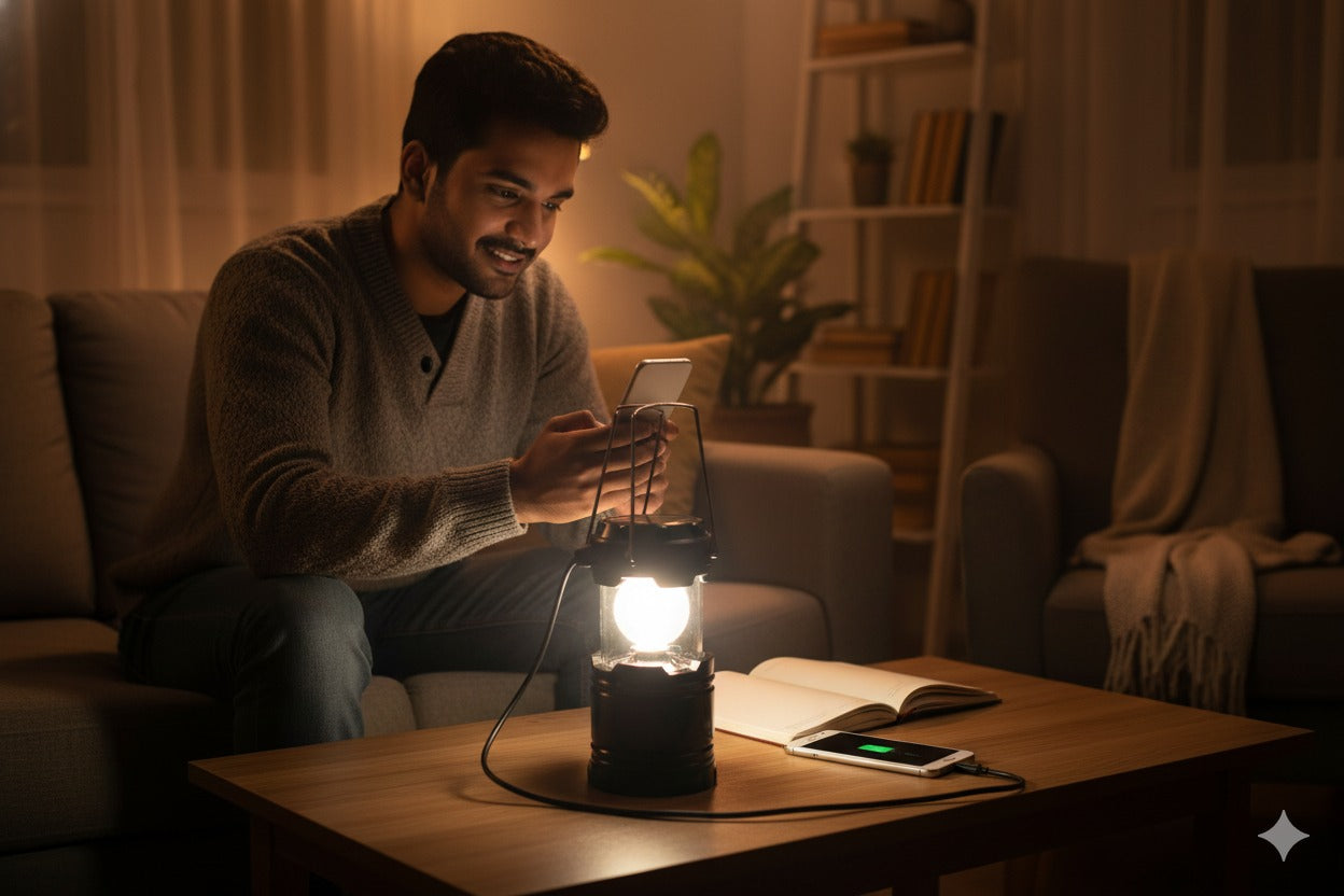 Rechargeable Solar Lantern & Charging LED Torch Light With Power Bank, Portable Camping & Home Emergency Light